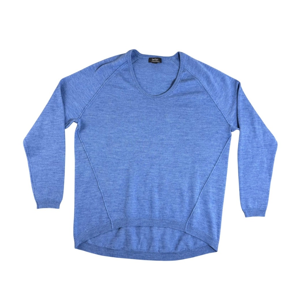 Lord & Taylor Merino Wool Sweater Blue Scoop Neck Raglan High Low Knit Top